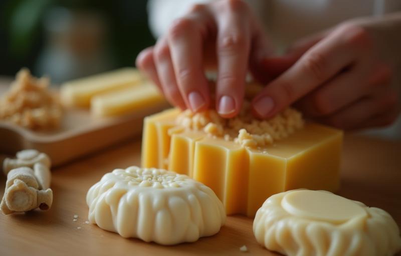 Hands working on making handmade soap or skincare