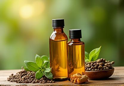 Bottles of herbal hair oil with herbs